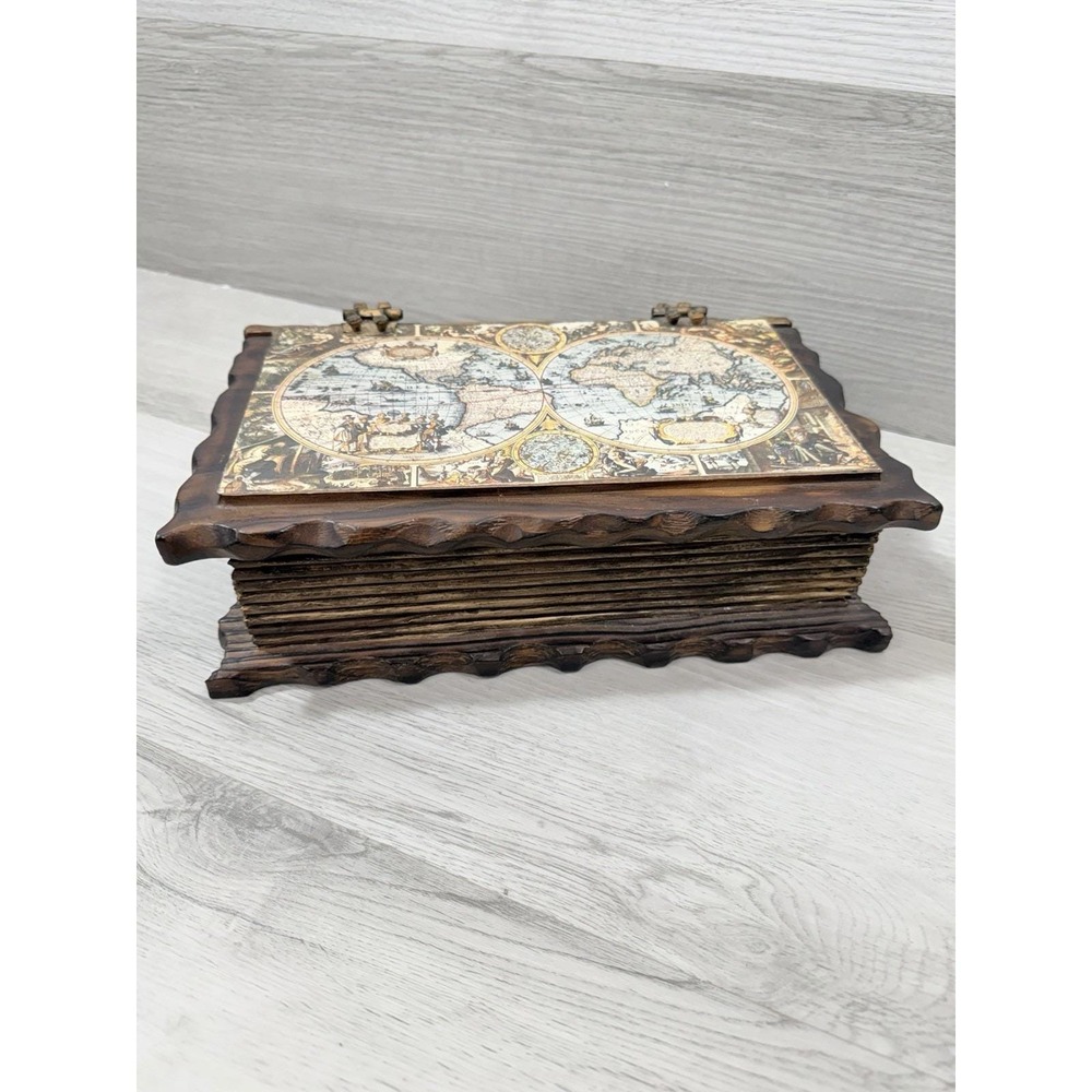 Antique World Map Wood Jewelry Box Handcrafted Book Style